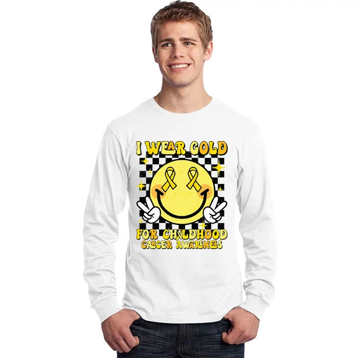 I Wear Gold For Childhood Cancer Awareness Smile Face Groovy Tall Long Sleeve T-Shirt