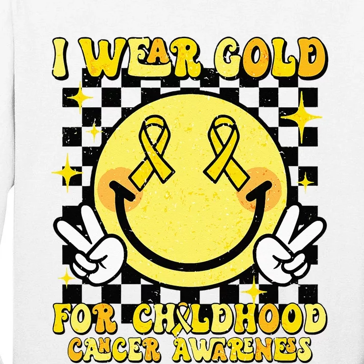 I Wear Gold For Childhood Cancer Awareness Smile Face Groovy Tall Long Sleeve T-Shirt