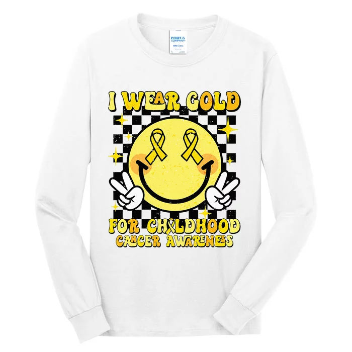 I Wear Gold For Childhood Cancer Awareness Smile Face Groovy Tall Long Sleeve T-Shirt