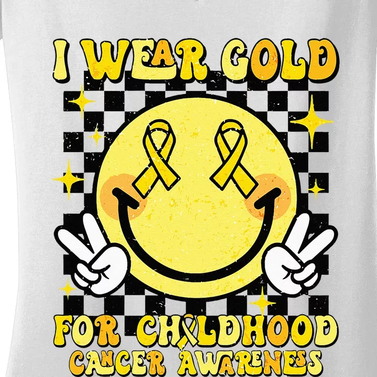 I Wear Gold For Childhood Cancer Awareness Smile Face Groovy Women's V-Neck T-Shirt