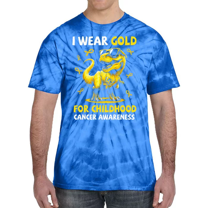 I Wear Gold For Childhood Cancer Awareness Dinosaur Tie-Dye T-Shirt