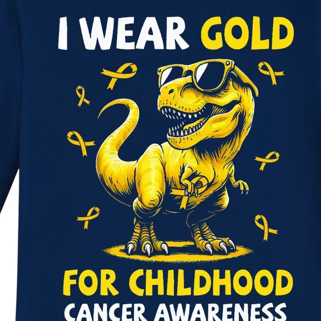 I Wear Gold For Childhood Cancer Awareness Dinosaur Baby Long Sleeve Bodysuit