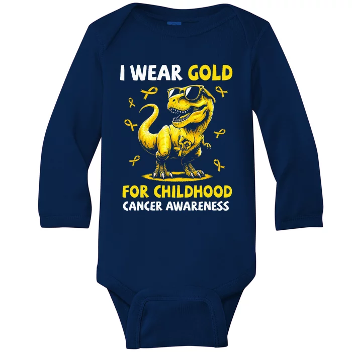 I Wear Gold For Childhood Cancer Awareness Dinosaur Baby Long Sleeve Bodysuit