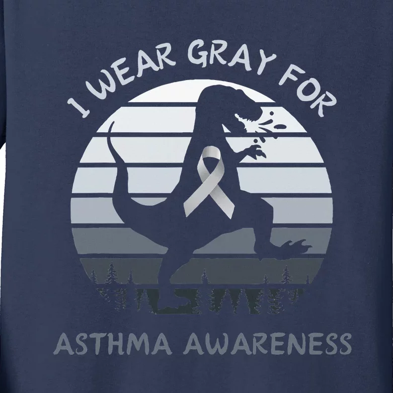 I Wear Gray For Asthma Awareness Trex Retro Sunset Kids Long Sleeve Shirt