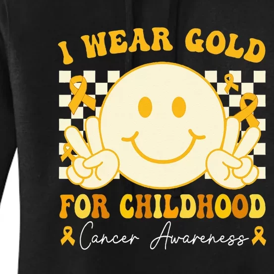 I Wear Gold For Childhood Cancer Awareness Boy Kids Groovy Women's Pullover Hoodie