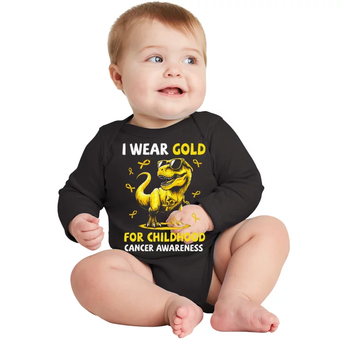 I Wear Gold For Childhood Cancer Awareness Dinosaur Gift Baby Long Sleeve Bodysuit