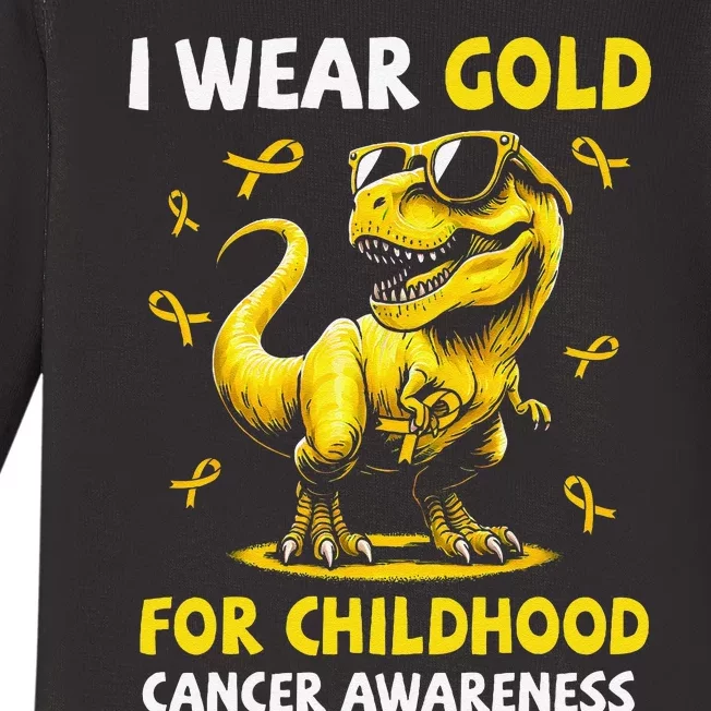 I Wear Gold For Childhood Cancer Awareness Dinosaur Gift Baby Long Sleeve Bodysuit