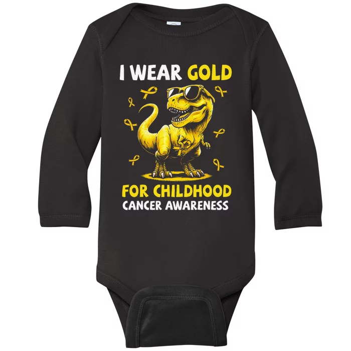 I Wear Gold For Childhood Cancer Awareness Dinosaur Gift Baby Long Sleeve Bodysuit