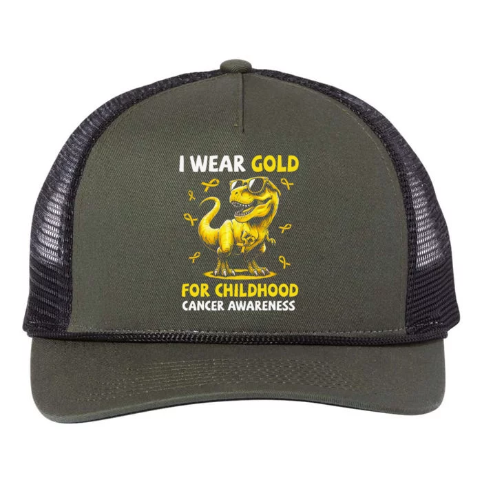 I Wear Gold For Childhood Cancer Awareness Dinosaur Gift Retro Rope Trucker Hat Cap