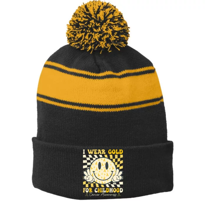 I Wear Gold For Childhood Cancer Awareness Ribbon Stripe Pom Pom Beanie