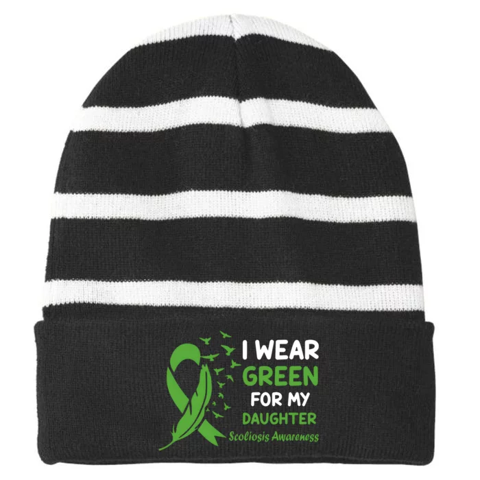 I Wear Green For My Daughter Scoliosis Awareness Striped Beanie with Solid Band