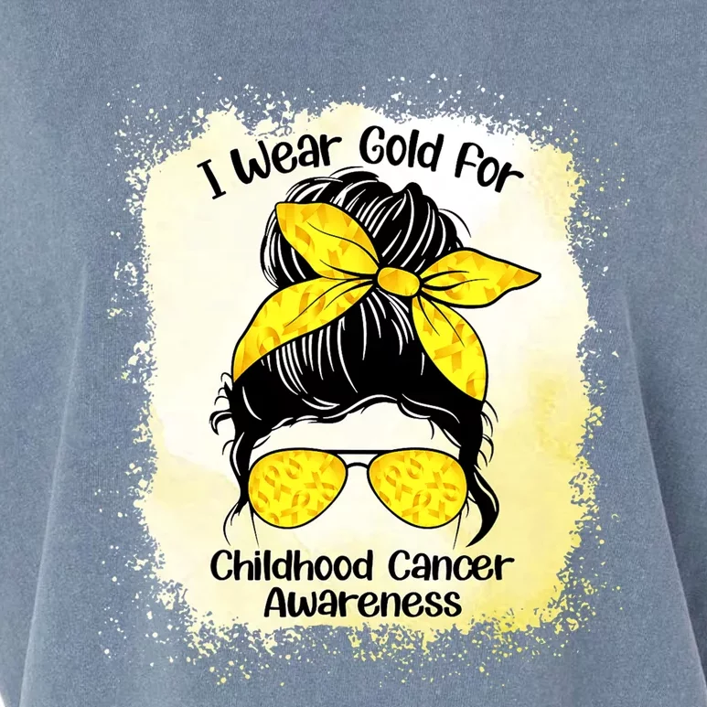 I Wear Gold For Childhood Cancer Awareness Shirts Messy Bun Garment-Dyed Women's Muscle Tee