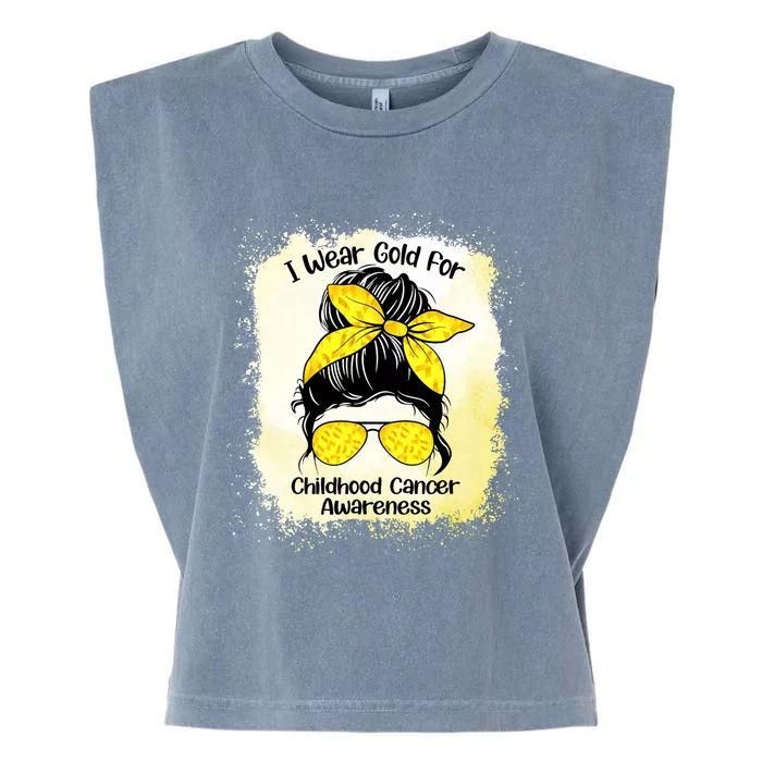 I Wear Gold For Childhood Cancer Awareness Shirts Messy Bun Garment-Dyed Women's Muscle Tee