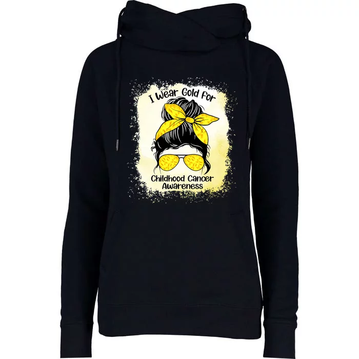 I Wear Gold For Childhood Cancer Awareness Shirts Messy Bun Womens Funnel Neck Pullover Hood