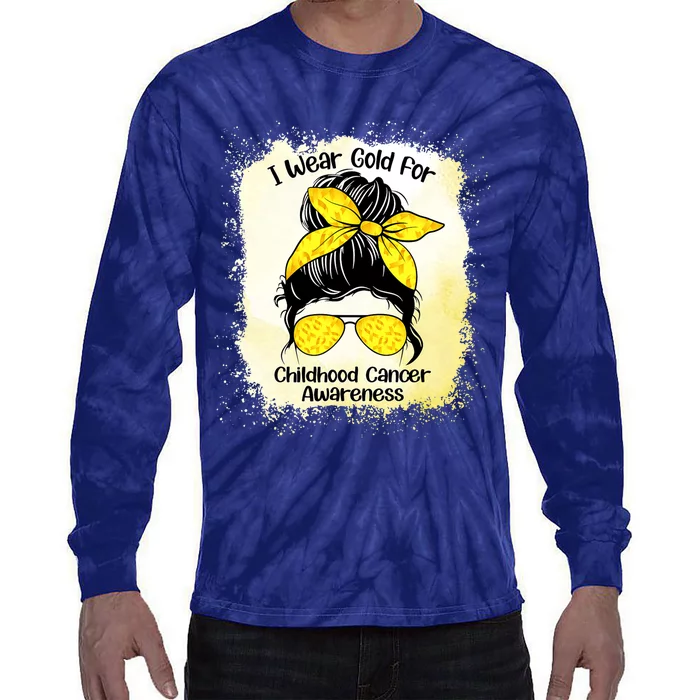 I Wear Gold For Childhood Cancer Awareness Shirts Messy Bun Tie-Dye Long Sleeve Shirt