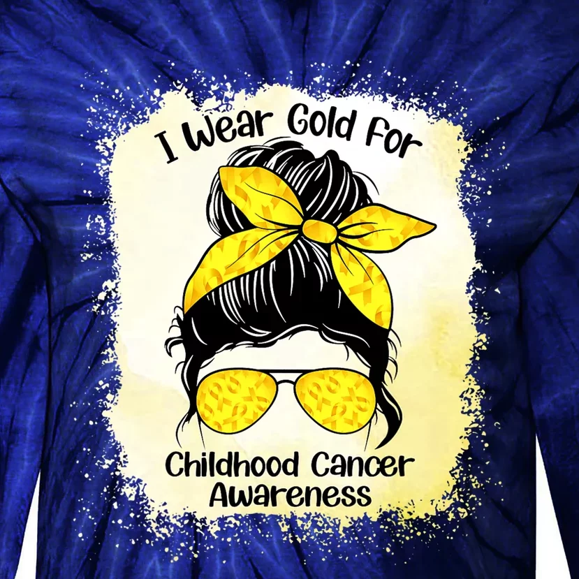 I Wear Gold For Childhood Cancer Awareness Shirts Messy Bun Tie-Dye Long Sleeve Shirt