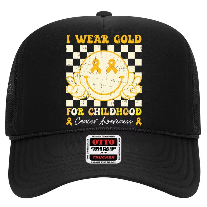 I Wear Gold For Childhood Cancer Awareness Smile Face Groovy High Crown Mesh Trucker Hat