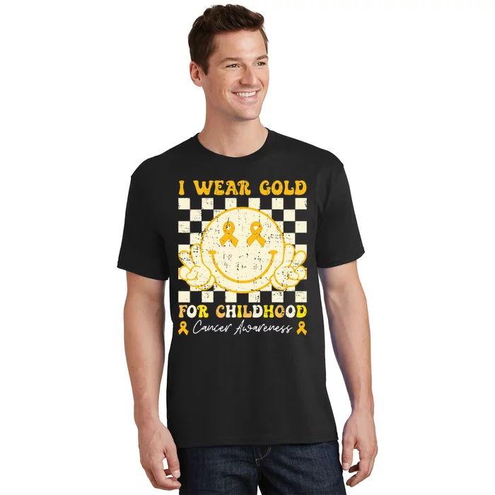 I Wear Gold For Childhood Cancer Awareness Smile Face Groovy T-Shirt