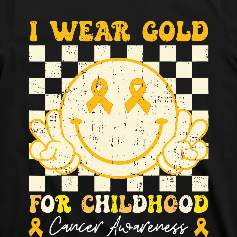 I Wear Gold For Childhood Cancer Awareness Smile Face Groovy T-Shirt