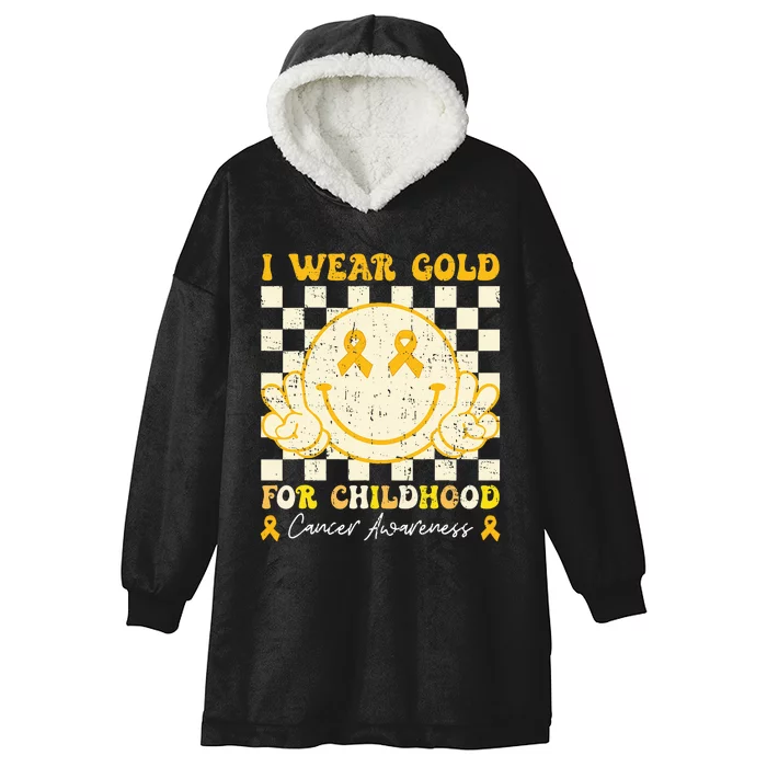 I Wear Gold For Childhood Cancer Awareness Smile Face Groovy Hooded Wearable Blanket