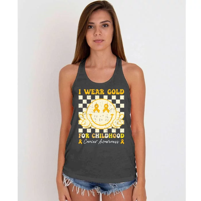 I Wear Gold For Childhood Cancer Awareness Smile Face Groovy Women's Knotted Racerback Tank