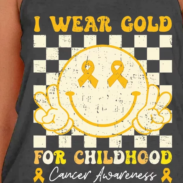 I Wear Gold For Childhood Cancer Awareness Smile Face Groovy Women's Knotted Racerback Tank