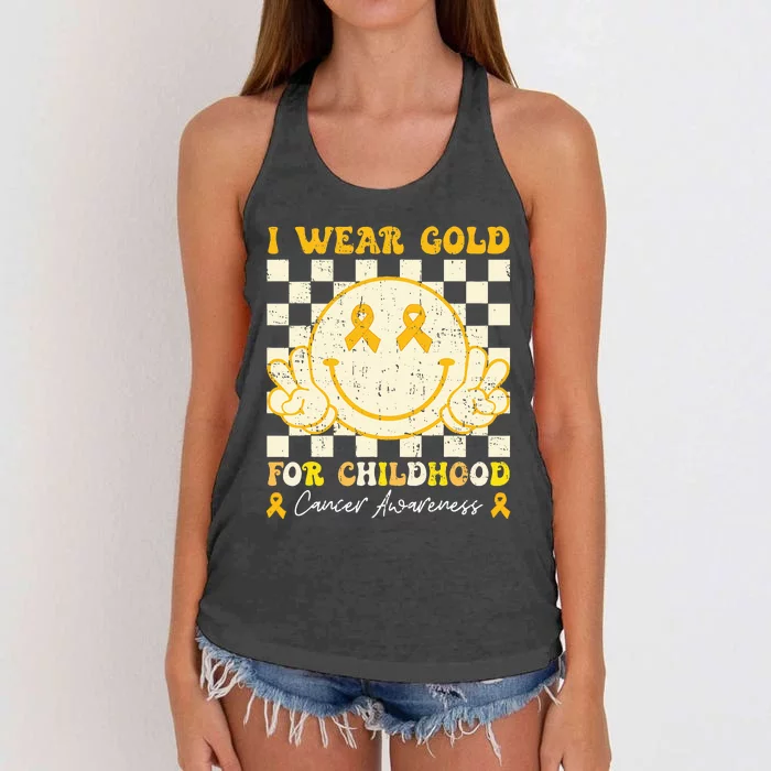 I Wear Gold For Childhood Cancer Awareness Smile Face Groovy Women's Knotted Racerback Tank