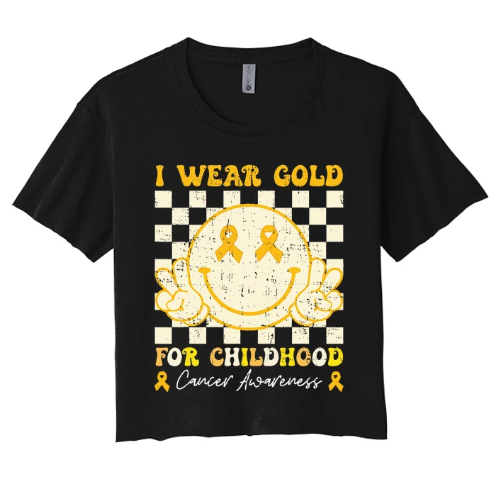 I Wear Gold For Childhood Cancer Awareness Smile Face Groovy Women's Crop Top Tee