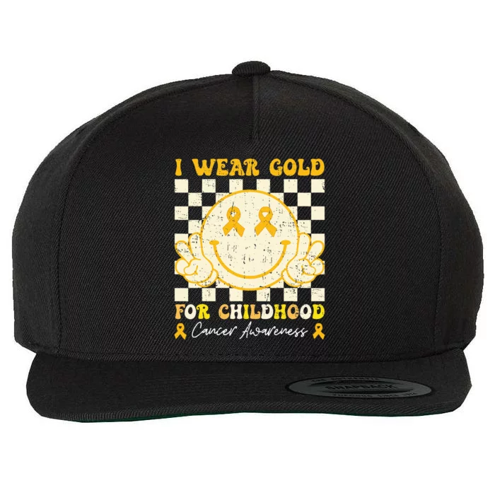 I Wear Gold For Childhood Cancer Awareness Smile Face Groovy Wool Snapback Cap