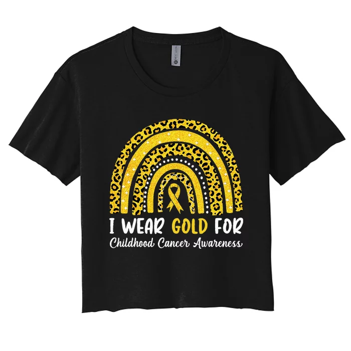 I Wear Gold For Childhood Cancer Awareness Rainbow Leopard Women's Crop Top Tee