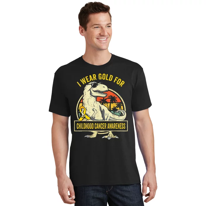 I Wear Gold For Childhood Cancer Awareness Dinosaur T-Shirt