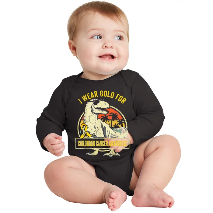 I Wear Gold For Childhood Cancer Awareness Dinosaur Baby Long Sleeve Bodysuit