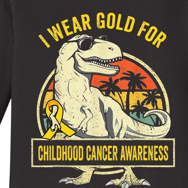 I Wear Gold For Childhood Cancer Awareness Dinosaur Baby Long Sleeve Bodysuit