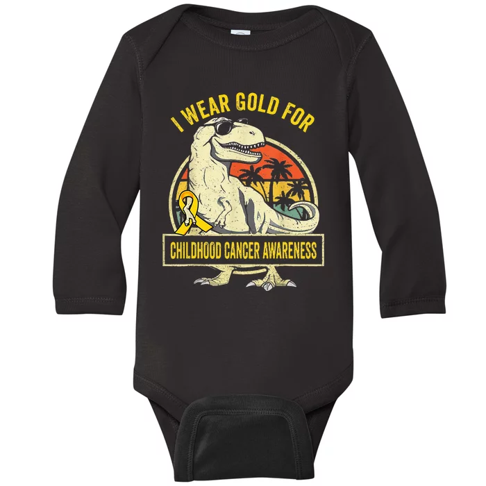 I Wear Gold For Childhood Cancer Awareness Dinosaur Baby Long Sleeve Bodysuit