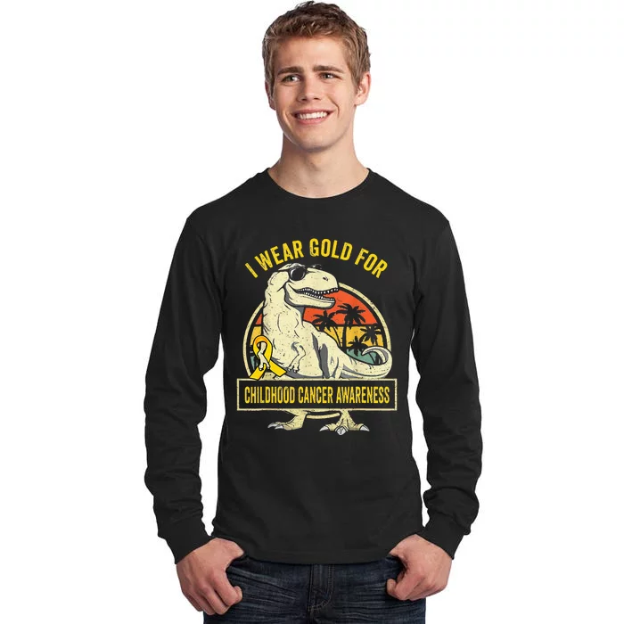 I Wear Gold For Childhood Cancer Awareness Dinosaur Tall Long Sleeve T-Shirt