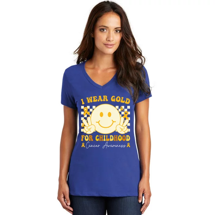 I Wear Gold For Childhood Cancer Awareness Groovy Women's V-Neck T-Shirt