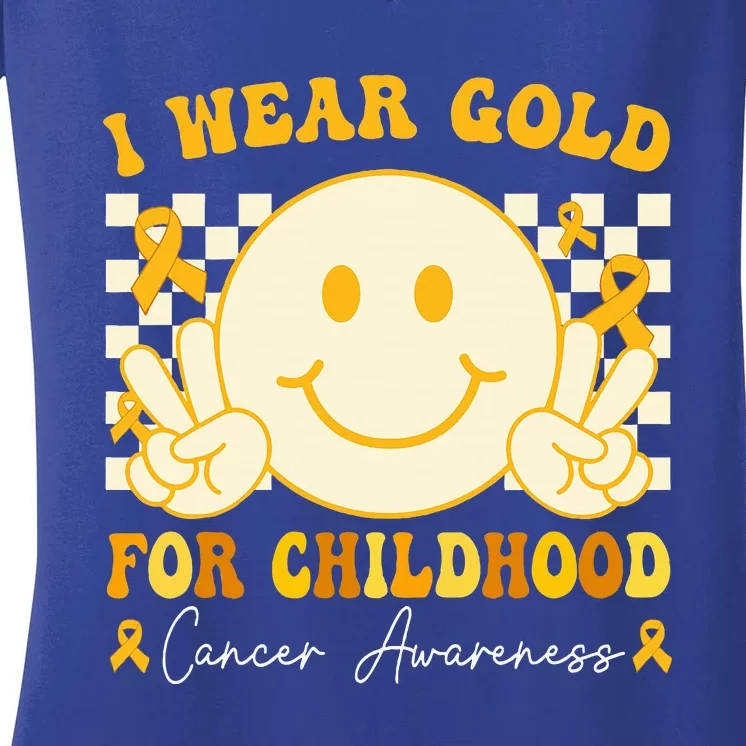 I Wear Gold For Childhood Cancer Awareness Groovy Women's V-Neck T-Shirt