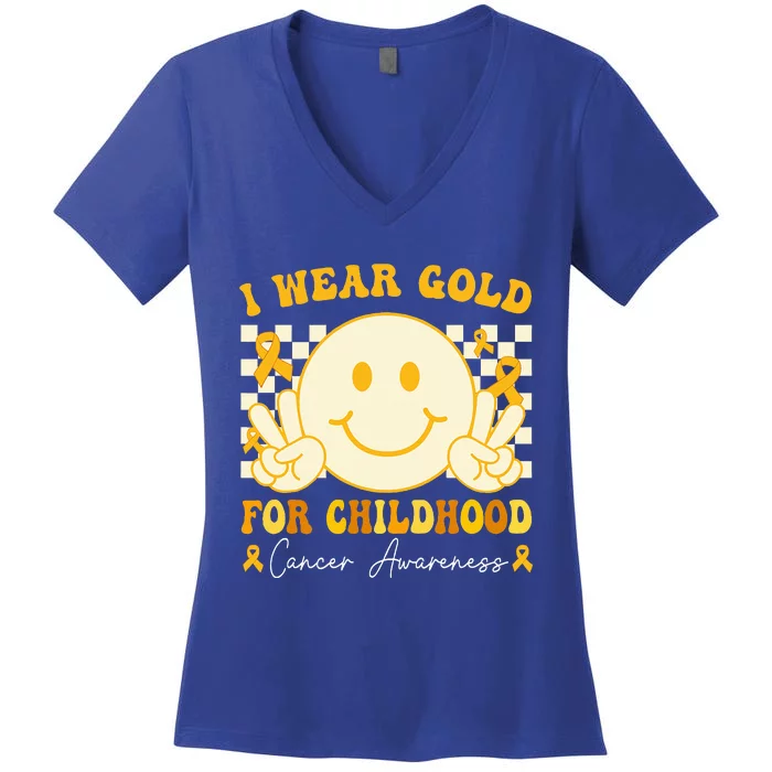 I Wear Gold For Childhood Cancer Awareness Groovy Women's V-Neck T-Shirt