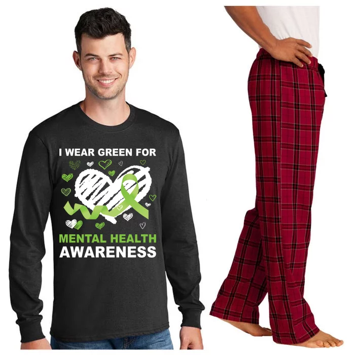 I Wear Green For Mental Health Awareness Ribbon Heart Long Sleeve Pajama Set