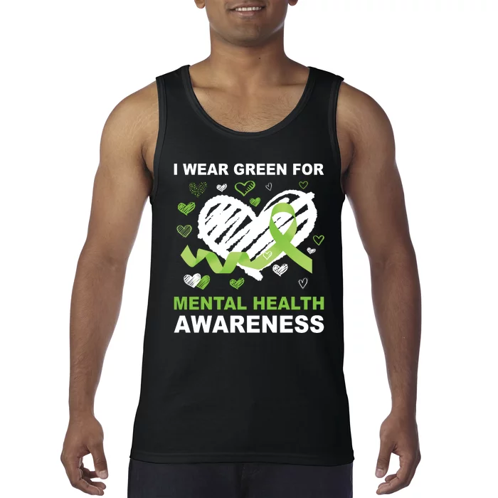 I Wear Green For Mental Health Awareness Ribbon Heart Tank Top