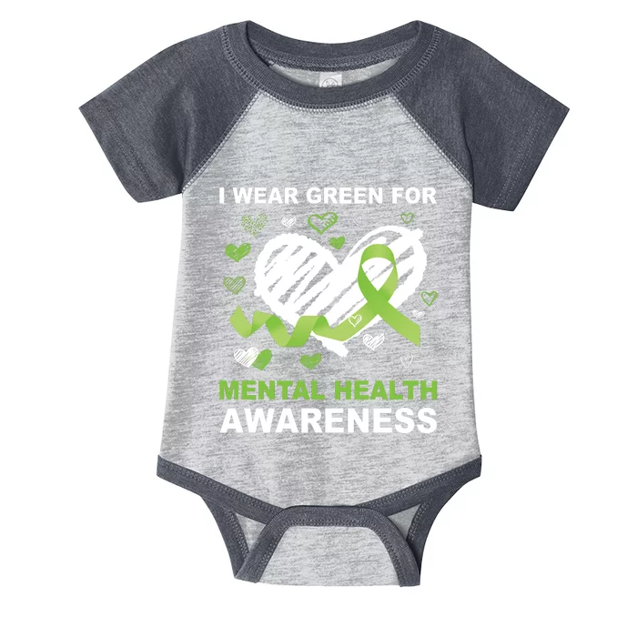 I Wear Green For Mental Health Awareness Ribbon Heart Infant Baby Jersey Bodysuit