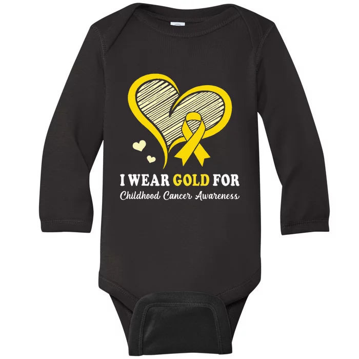 I Wear Gold For Childhood Cancer Hope And Support Cute Heart Baby Long Sleeve Bodysuit