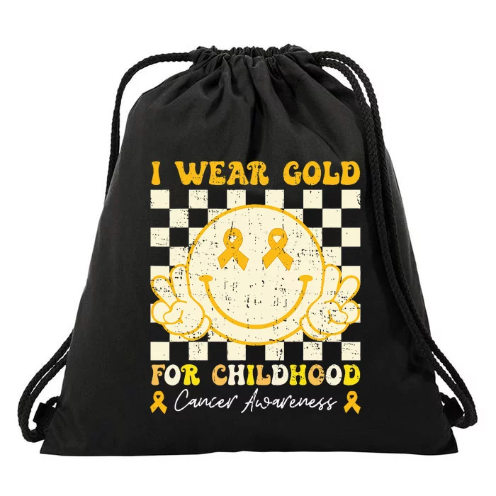 I Wear Gold For Childhood Cancer Awareness Smile Face Drawstring Bag