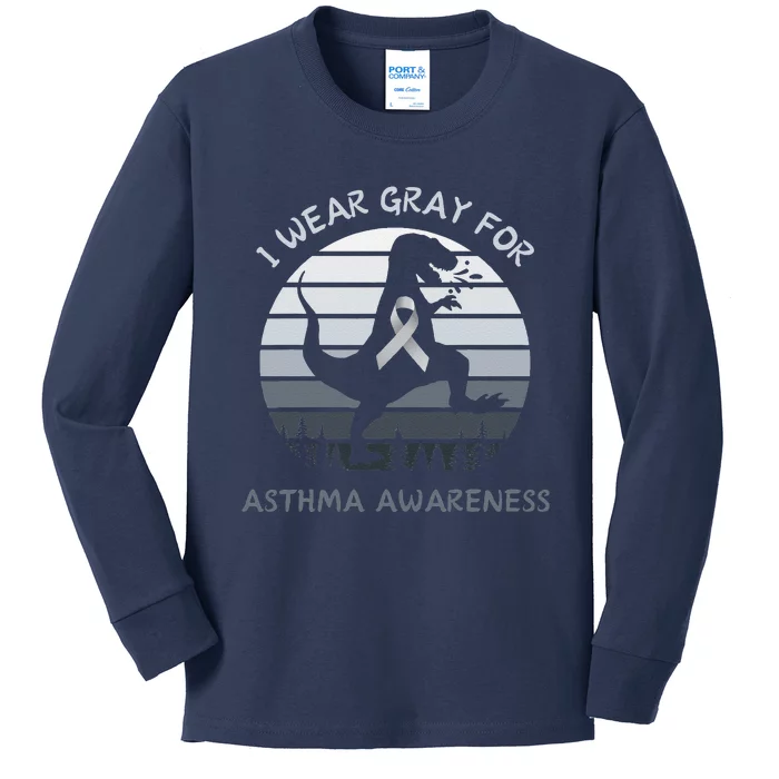 I Wear Gray For Asthma Awareness Trex Retro Sunset Kids Long Sleeve Shirt