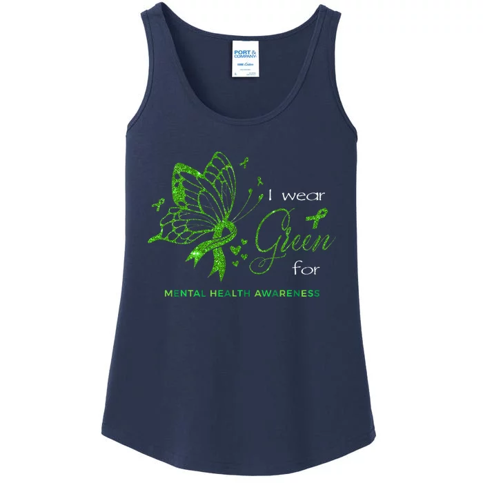 I Wear Green For Mental Health Awareness Butterfly Ribbon Ladies Essential Tank