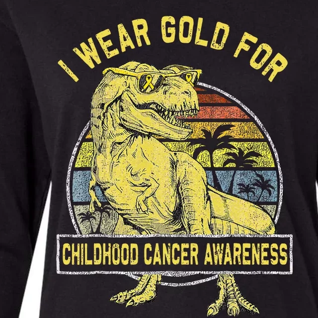 I Wear Gold For Childhood Cancer Awareness Dinosaur Womens Cotton Relaxed Long Sleeve T-Shirt