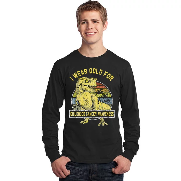 I Wear Gold For Childhood Cancer Awareness Dinosaur Tall Long Sleeve T-Shirt