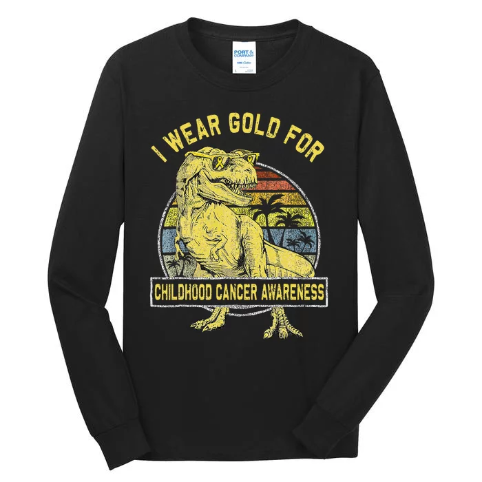 I Wear Gold For Childhood Cancer Awareness Dinosaur Tall Long Sleeve T-Shirt