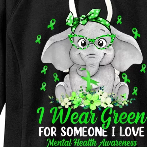 I Wear Green For Mental Health Awareness Ribbon Elephant Women's Fleece Hoodie