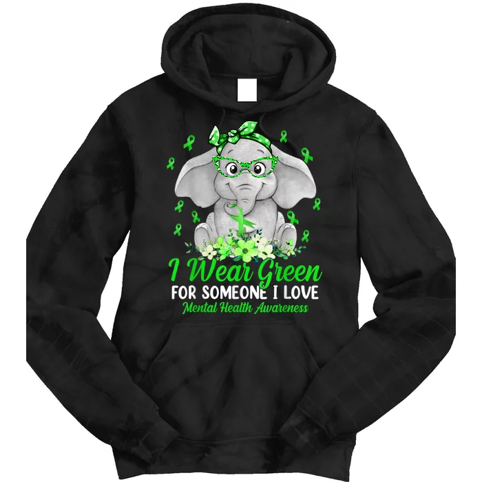 I Wear Green For Mental Health Awareness Ribbon Elephant Tie Dye Hoodie